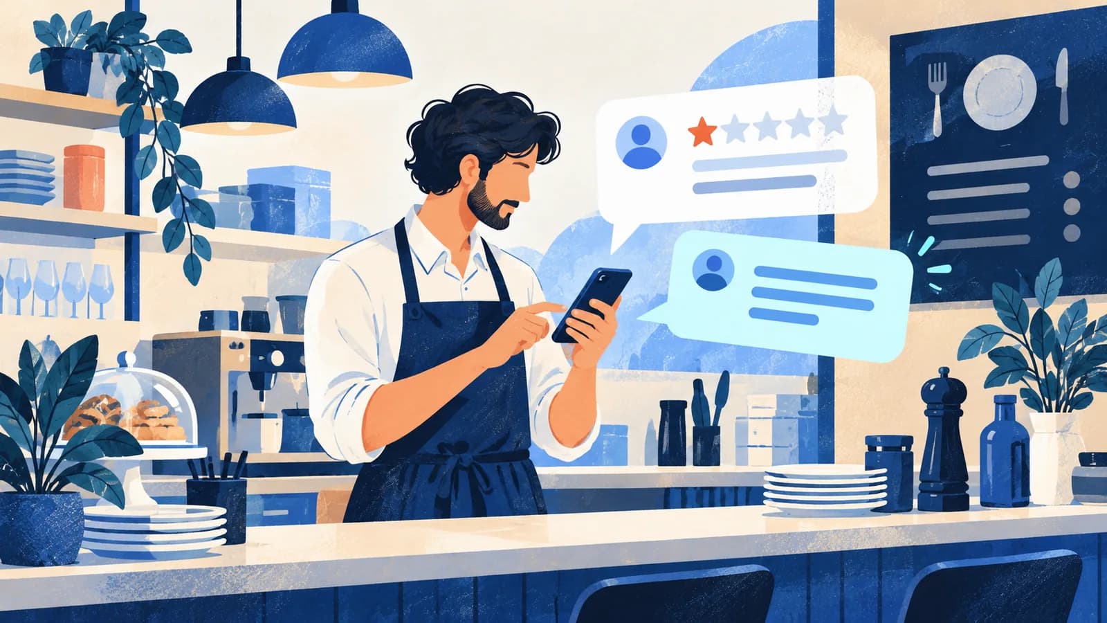 Restaurateur qui répond calmement à un avis négatif sur son téléphone