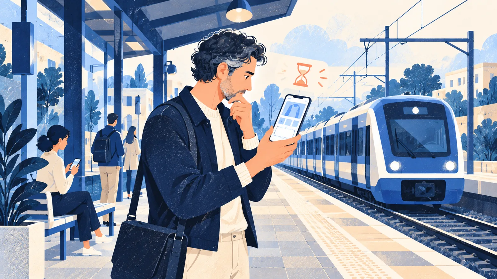 Commerçant qui teste la vitesse de sa boutique en ligne sur son téléphone, depuis un quai de gare