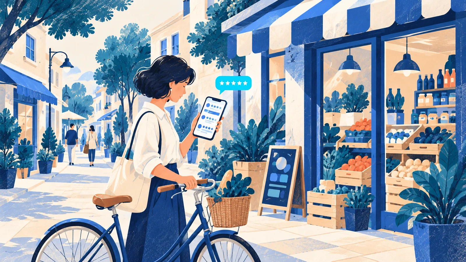 Passante qui vérifie les avis récents d'une épicerie de quartier sur son téléphone, après la recommandation d'une IA