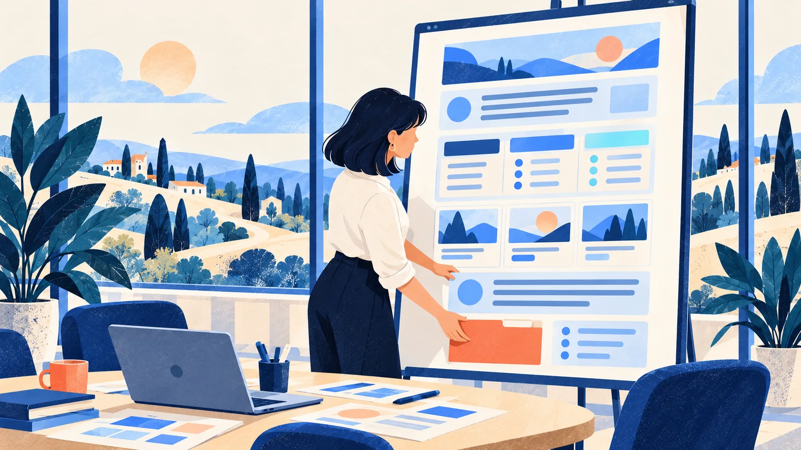 Responsable marketing qui assemble les six blocs d'une page comparative, du titre au dossier de preuves