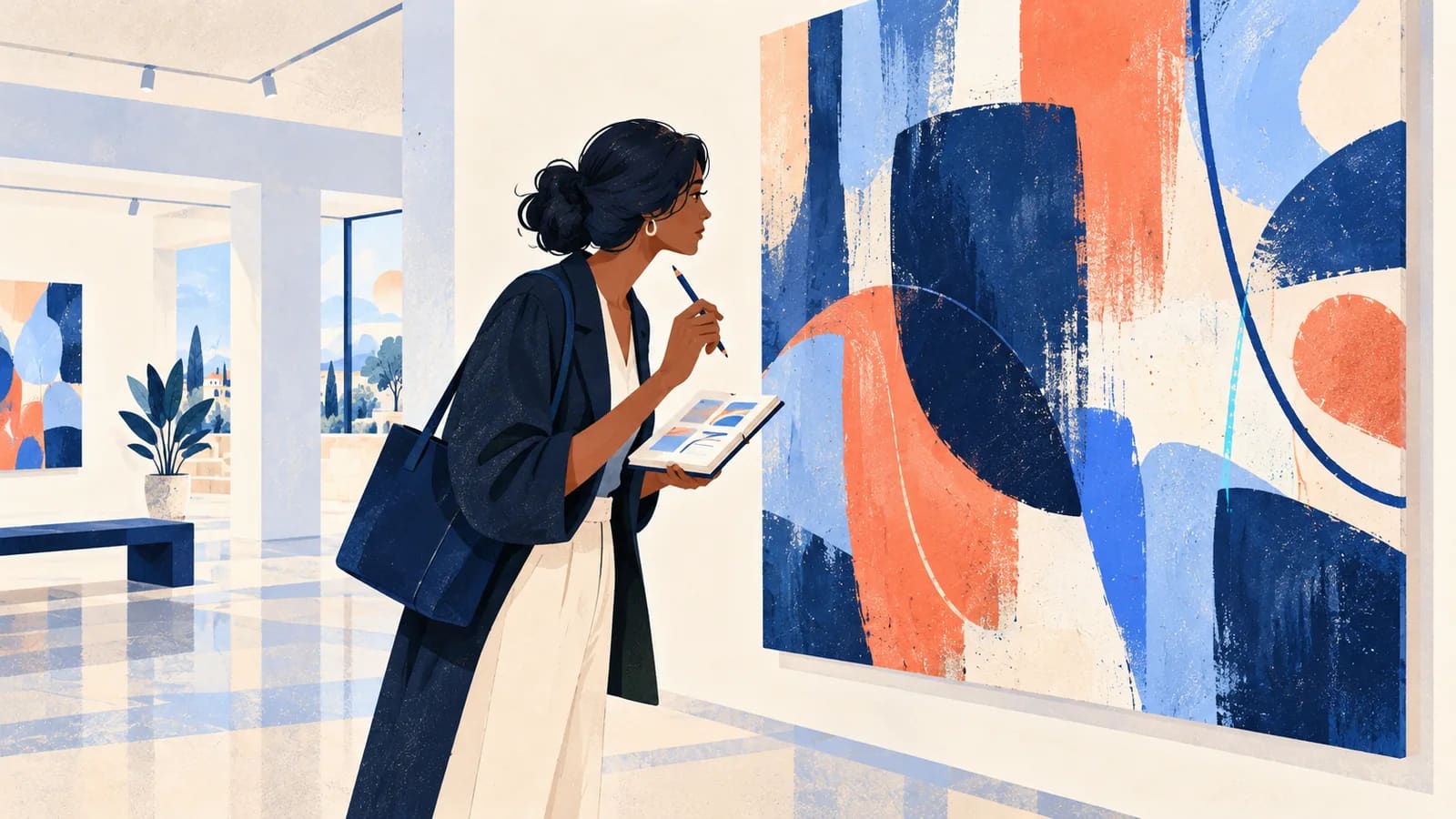 Collectionneuse qui découvre une œuvre en galerie et note les informations qu'elle cherchera ensuite sur le site