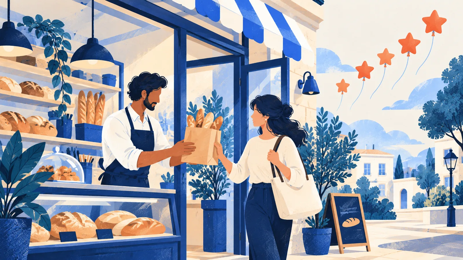 Boulanger qui reçoit des avis de clients satisfaits, dans le respect des règles
