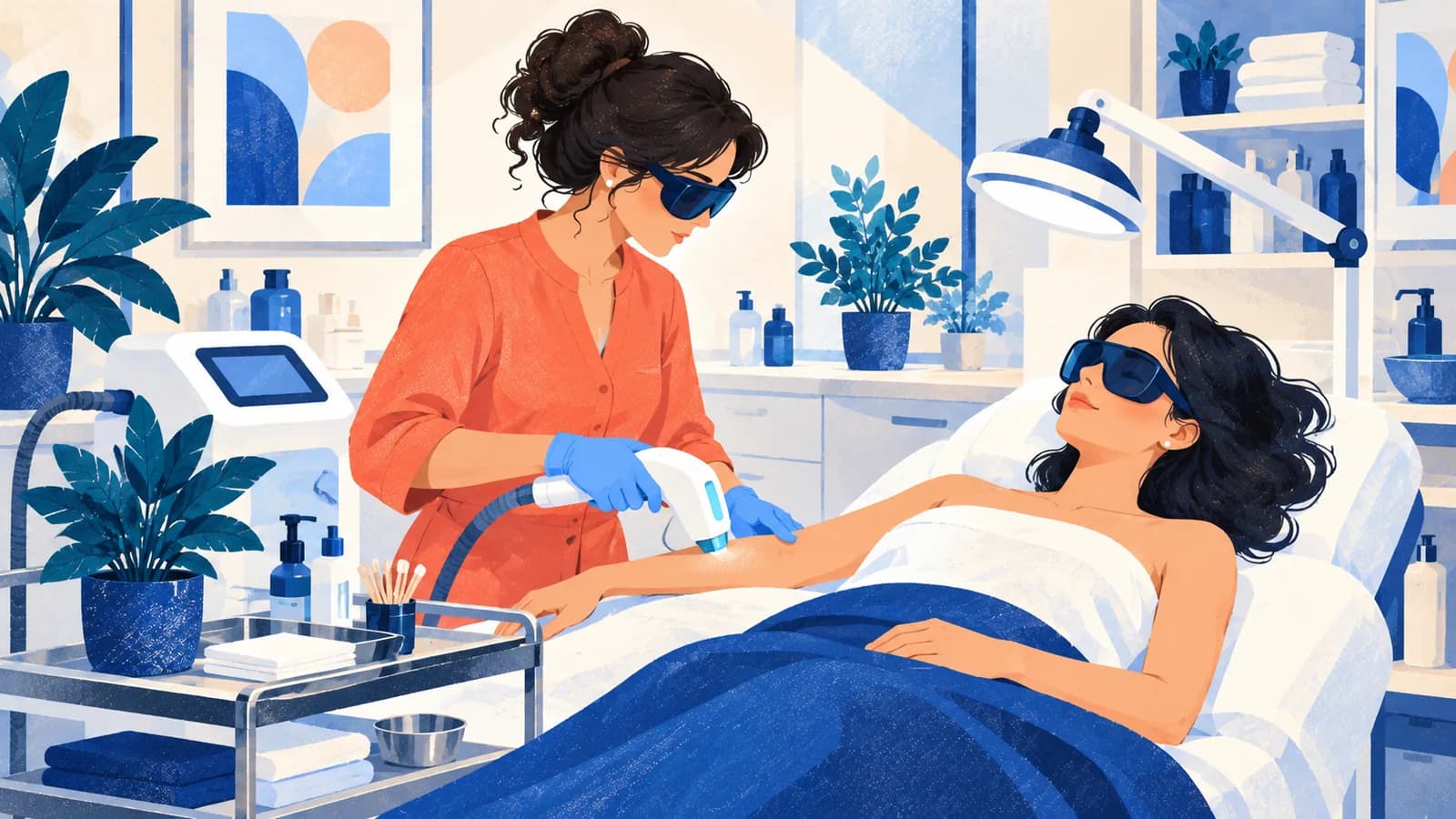 Esthéticienne et cliente équipées de lunettes de protection pendant une séance d'épilation à la lumière pulsée en institut