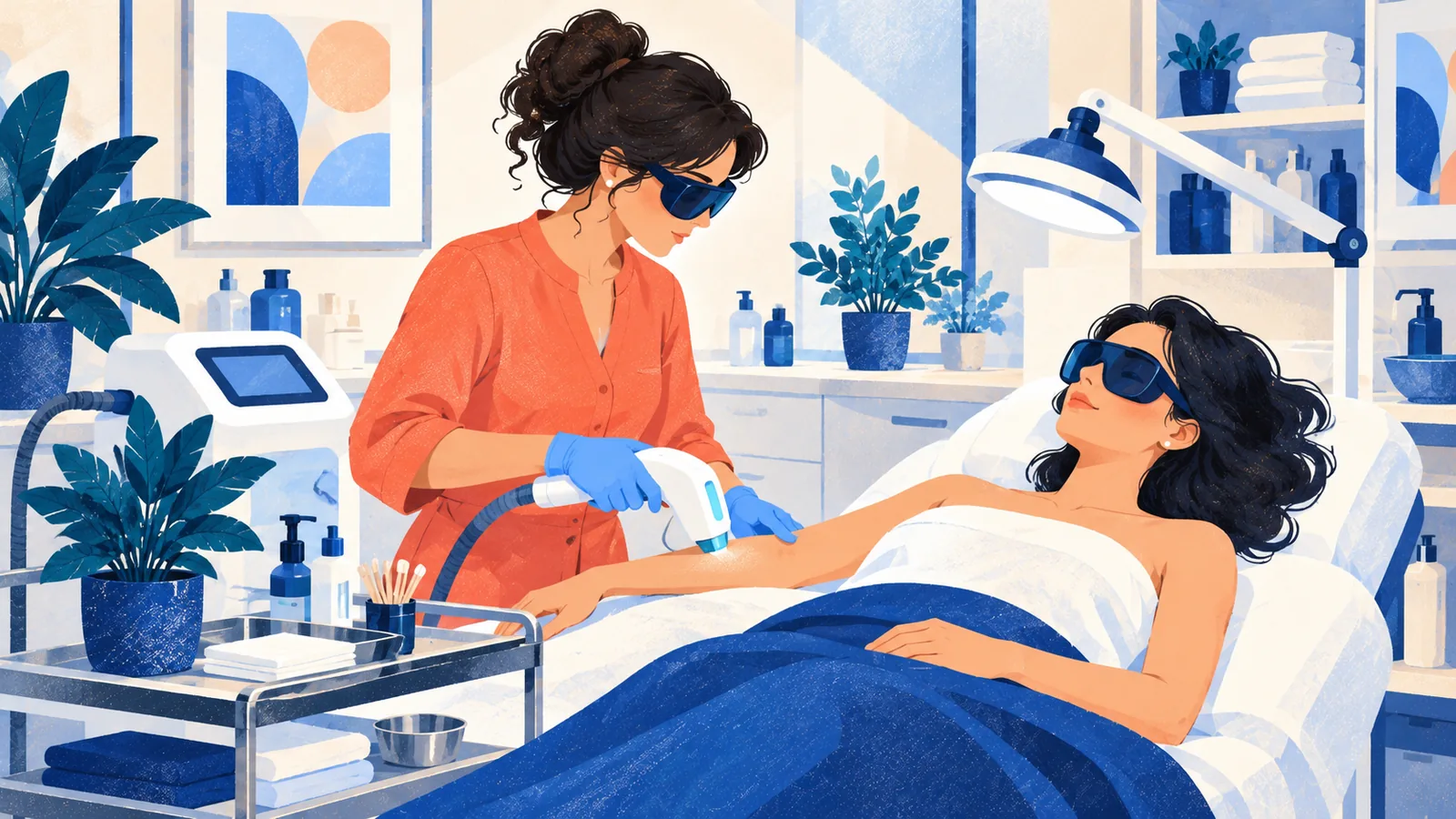 Esthéticienne et cliente équipées de lunettes de protection pendant une séance d'épilation à la lumière pulsée en institut