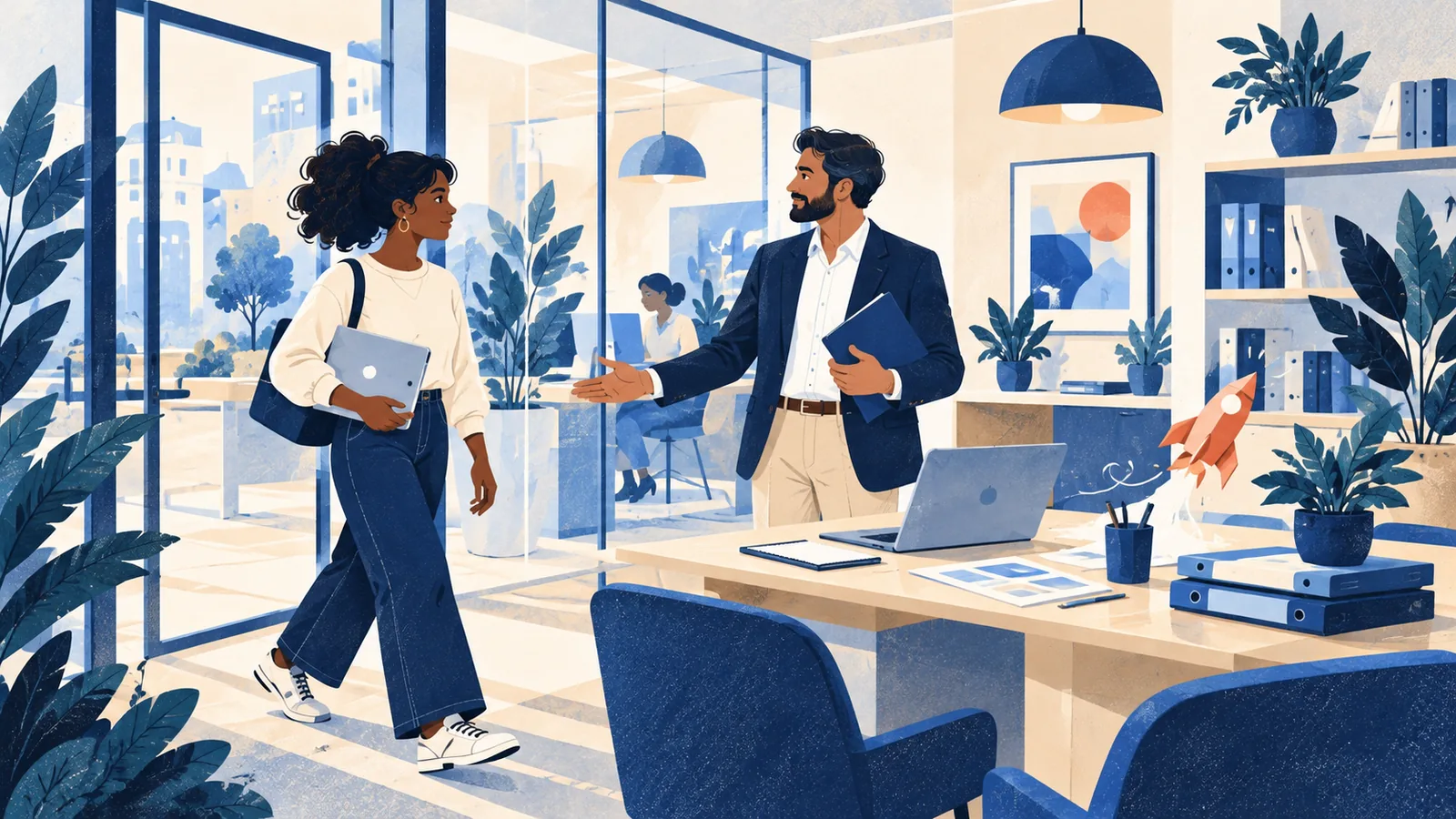 Fondatrice de startup accueillie dans un cabinet comptable moderne