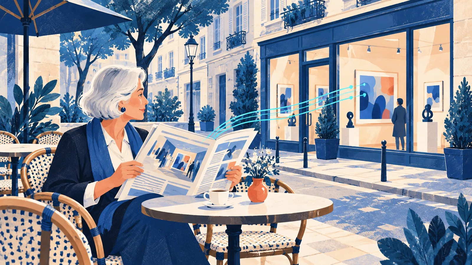 Lectrice d'un article de presse sur une exposition, un lien qui aide la galerie à ressortir dans les recherches locales