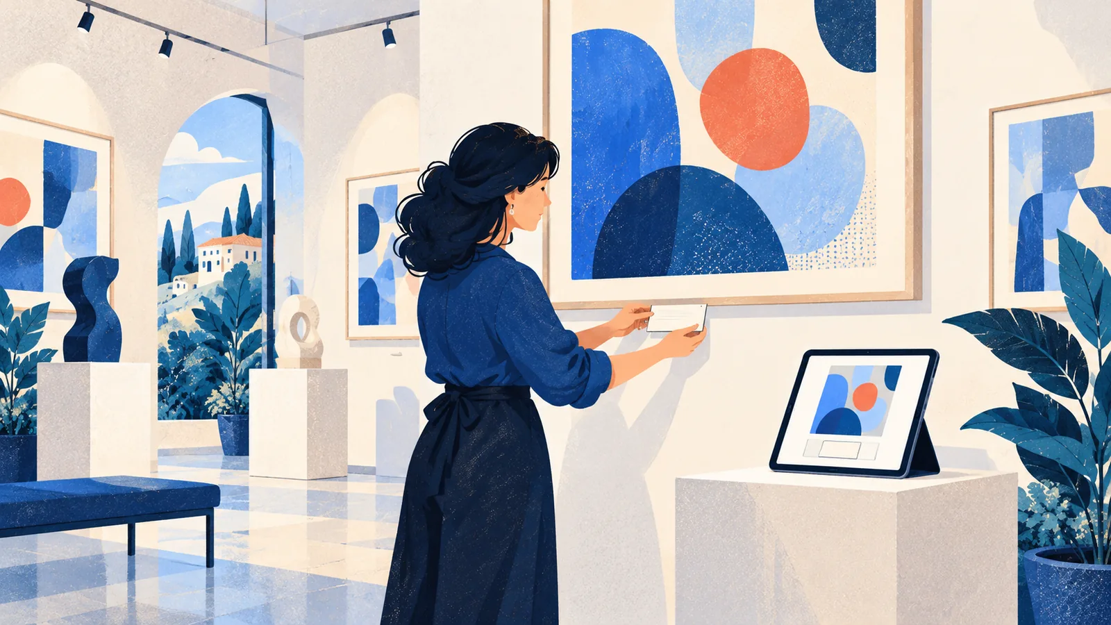 Galeriste qui affiche le prix d'une œuvre en galerie et en ligne