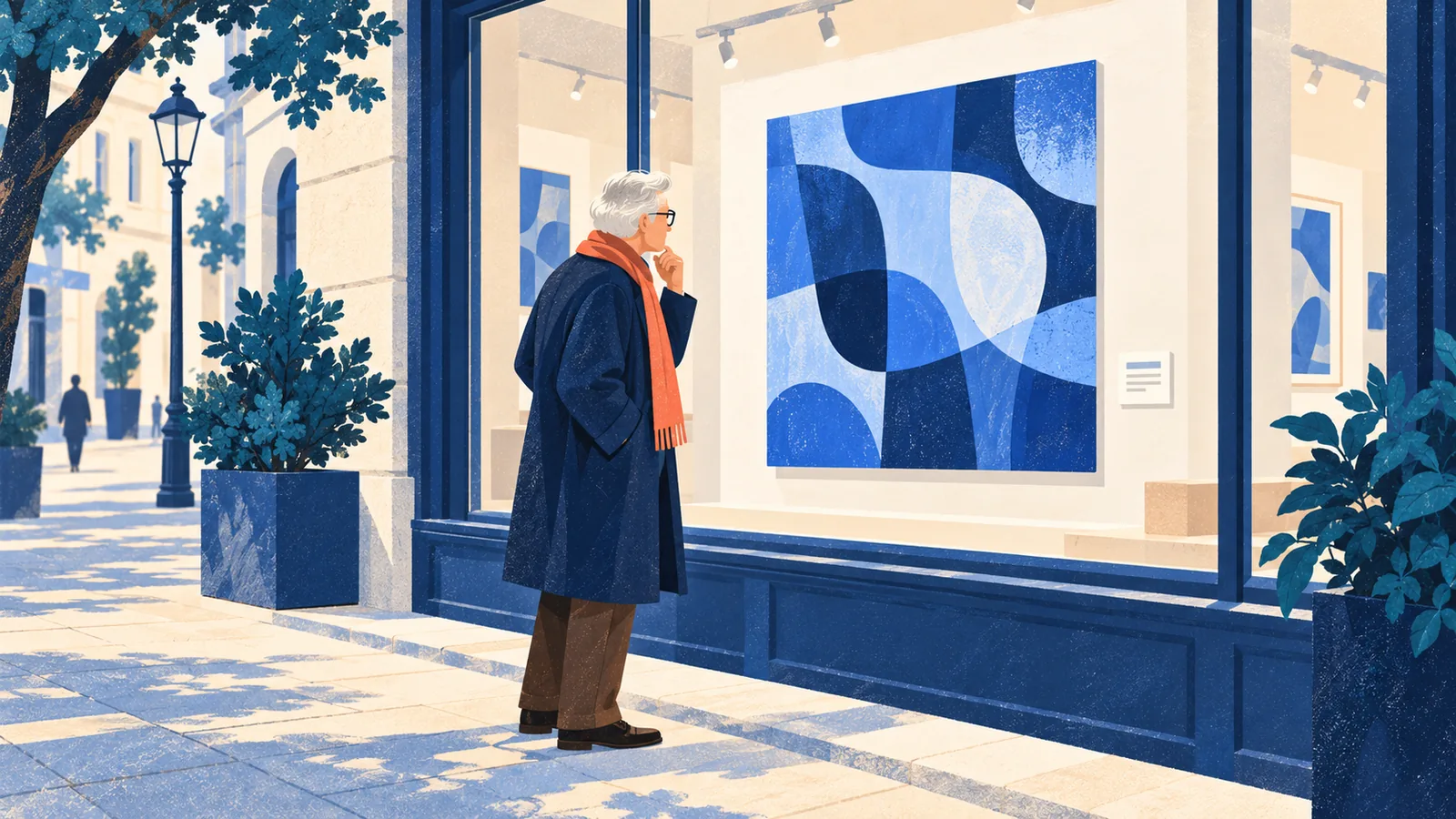 Passant qui lit depuis la rue l'étiquette de prix d'une œuvre exposée en vitrine de galerie