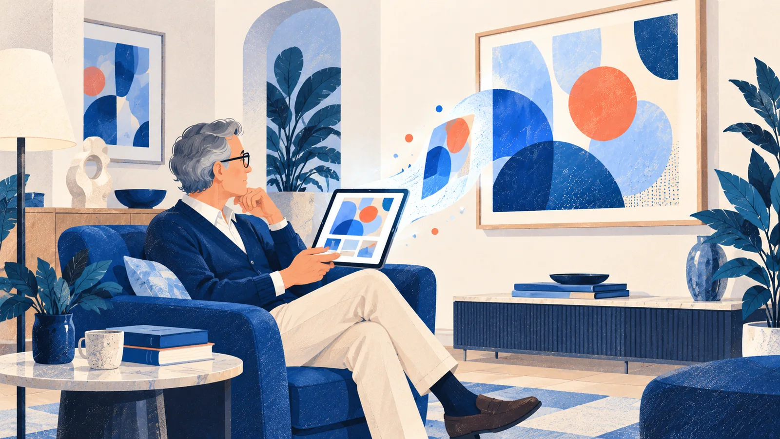Collectionneur qui découvre les œuvres d'une galerie sur sa tablette