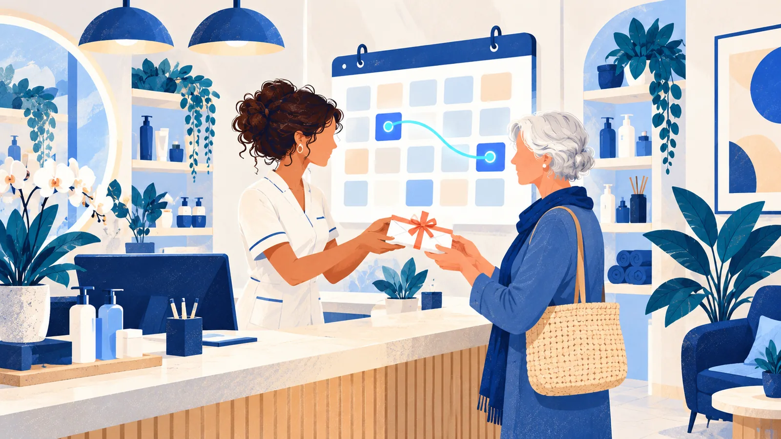 Esthéticienne qui remet un bon cadeau à une cliente devant un calendrier où deux dates sont reliées