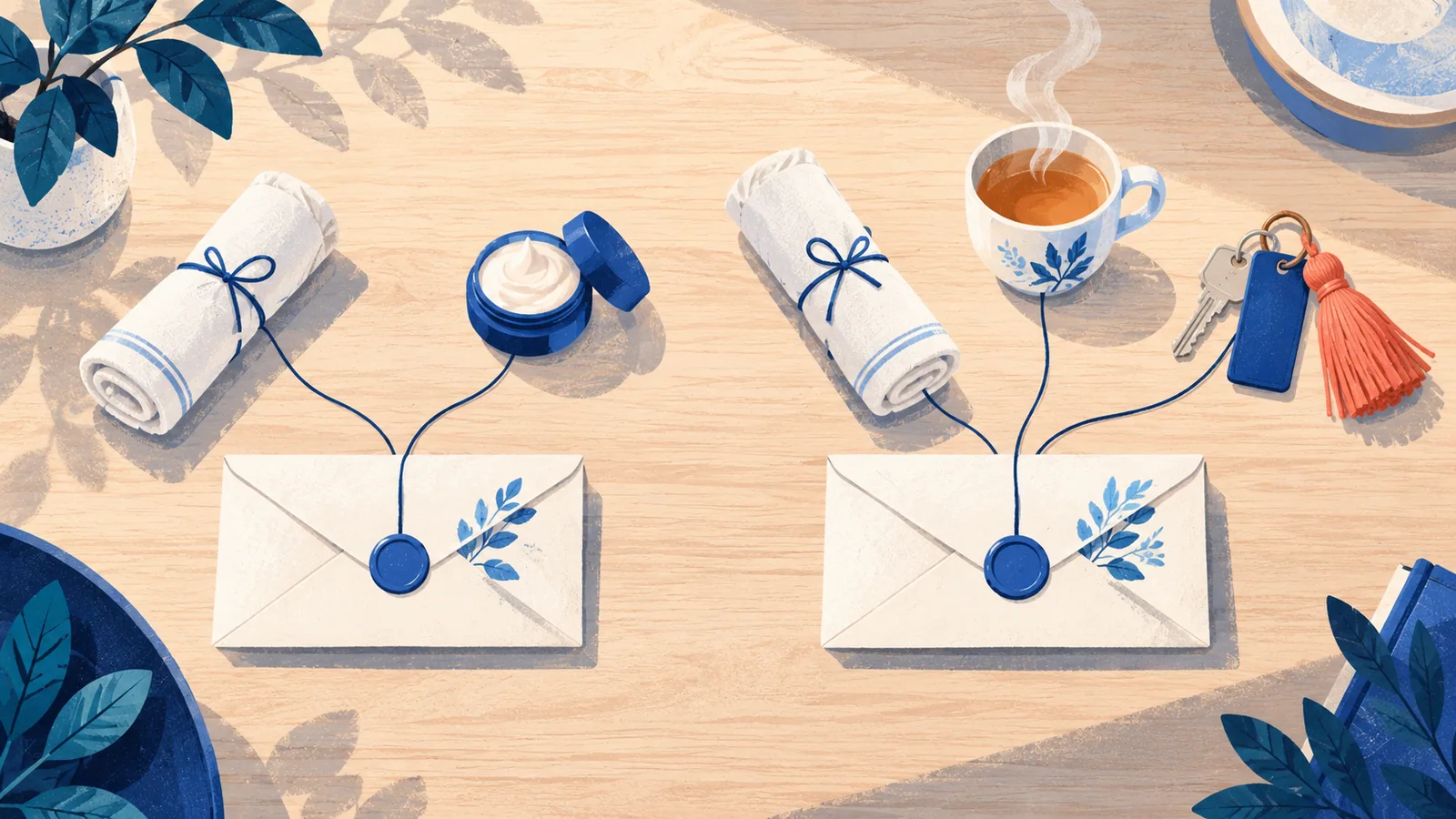 Deux bons cadeaux sur une table, l'un relié à un seul soin, l'autre à plusieurs prestations d'un spa d'hôtel